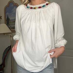 Vintage Handmade White Babydoll Blouse with Crochet Floral Neckline